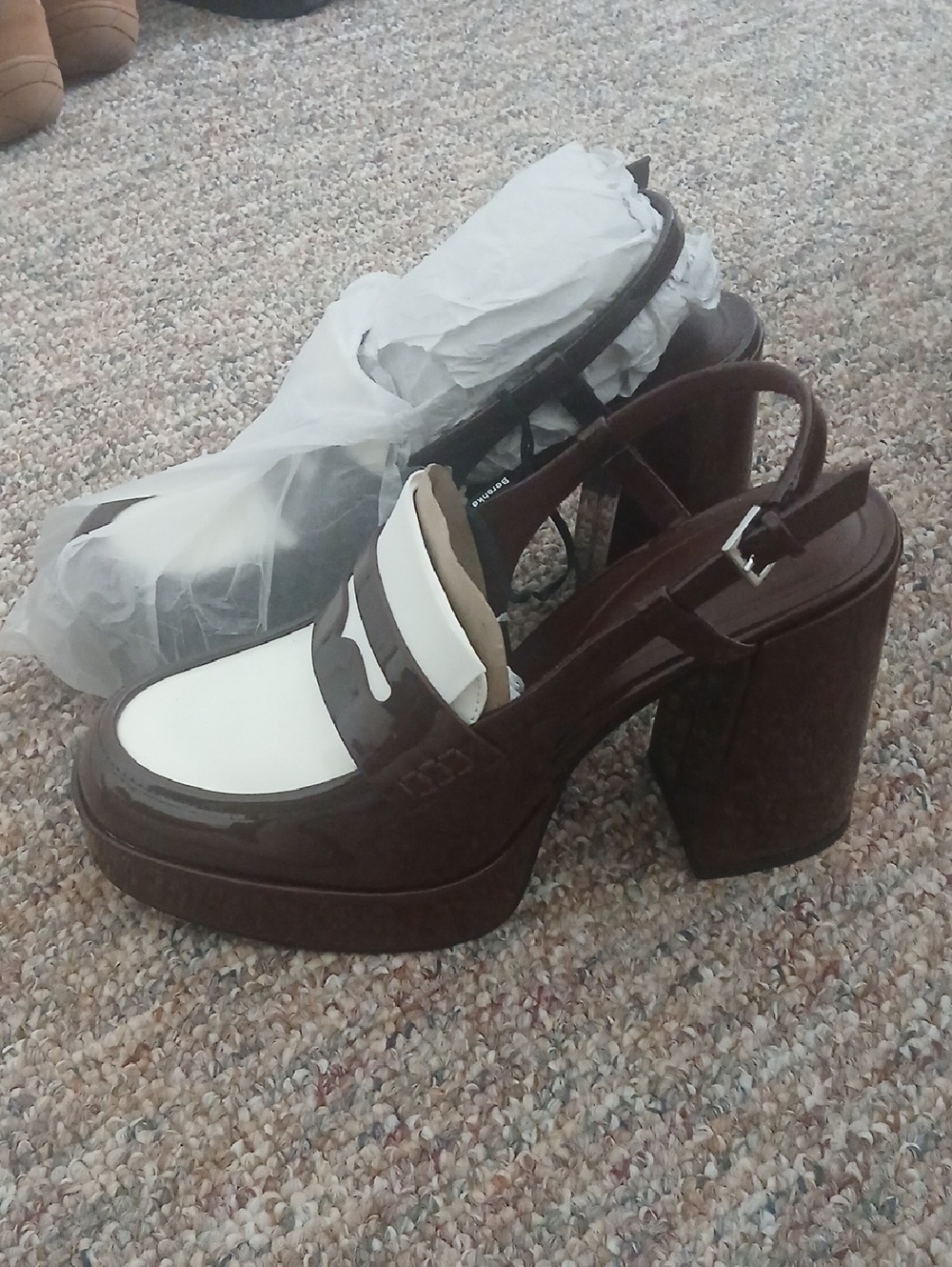 Brown and White Loafer Slingback Platform Heels